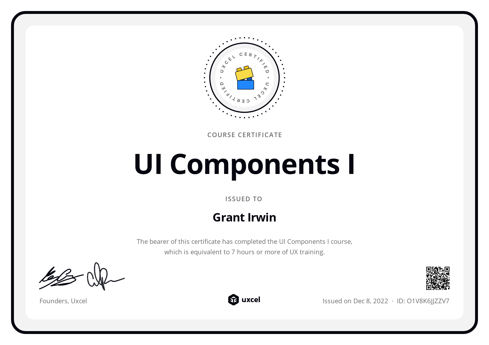 Grant Irwin's certificate